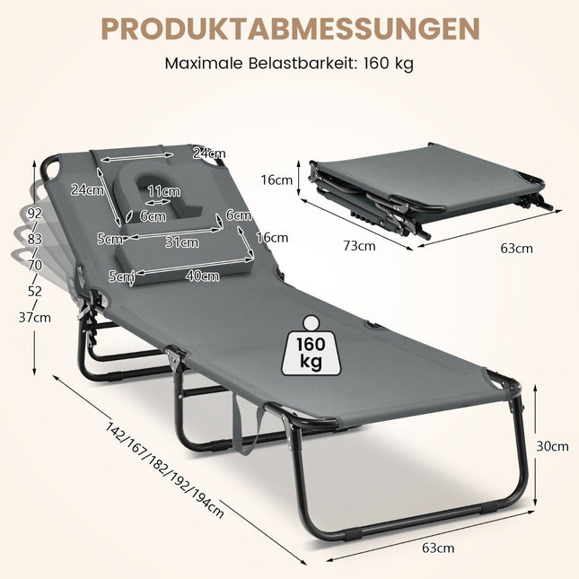 Folding sun lounger with face opening & 3 cushions & 5-way adjustable backrest gray