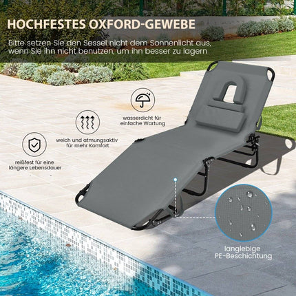 Folding sun lounger with face opening & 3 cushions & 5-way adjustable backrest gray