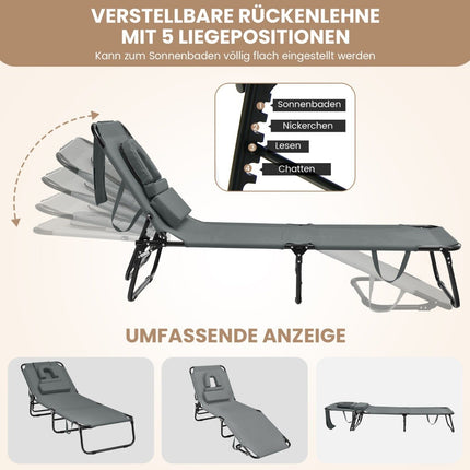 Folding sun lounger with face opening & 3 cushions & 5-way adjustable backrest gray