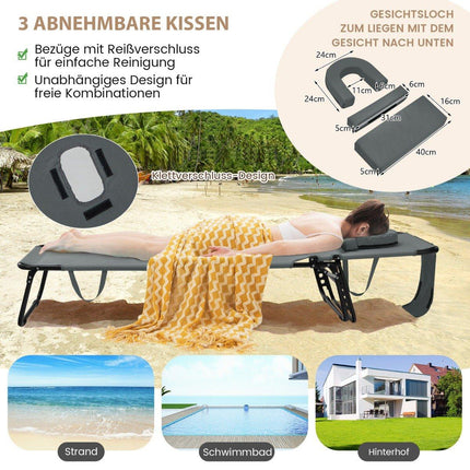 Folding sun lounger with face opening & 3 cushions & 5-way adjustable backrest gray