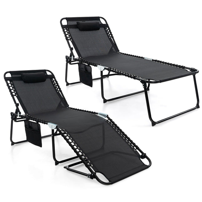 Folding sun lounger with headrest &amp; Side pocket &amp; Adjustable backrest garden lounger black