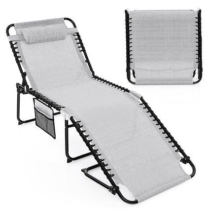Folding sun lounger with headrest &amp; Side pocket &amp; Adjustable backrest garden lounger gray