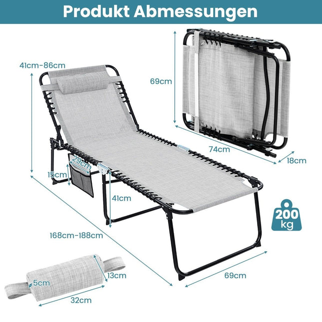 Folding sun lounger with headrest &amp; Side pocket &amp; Adjustable backrest garden lounger gray