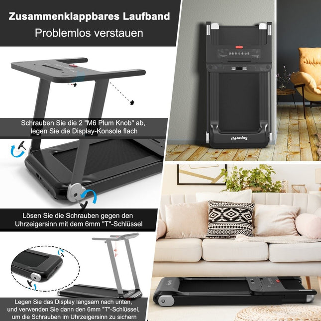 Opvouwbare loopband voor thuis met Bluetooth-luidspreker, LED-display en apparaathouder Zilver