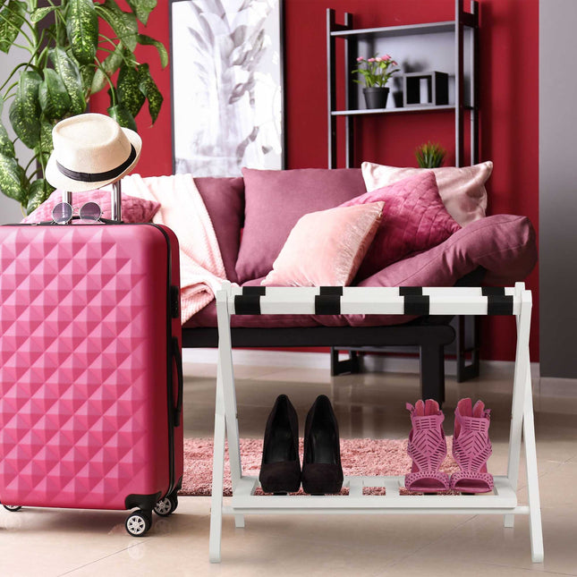 Folding wooden luggage rack with 2 shelves