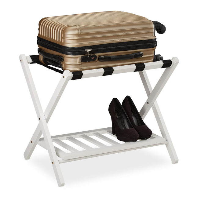 Folding wooden luggage rack with 2 shelves