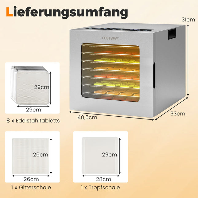 Food Dehydrator, 8 Trays, 48H Timer, 35–75C, Silver