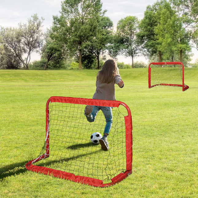 Mini soccer goal set of 2, collapsible steel and tetrolon, red