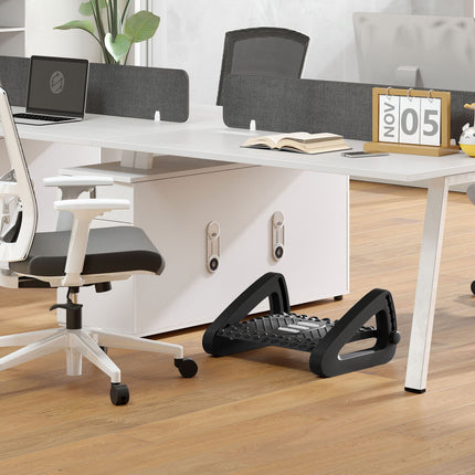 Adjustable ergonomic footrest with massage surface, black