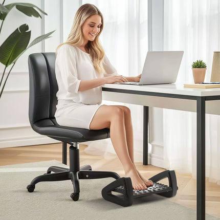 Adjustable ergonomic footrest with massage surface, black