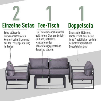 Four piece gray garden furniture set with cushions and storage
