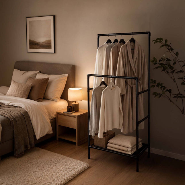 Free-Standing Black Clothes Rack with 2 Shelves
