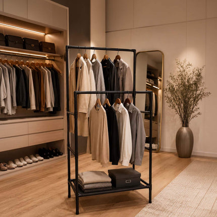 Free-Standing Black Clothes Rack with 2 Shelves