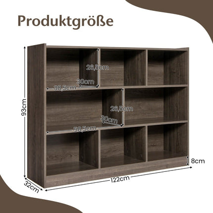 Freestanding 3 Tier & 8 Cube Open Bookcase Multi-Purpose Cabinet with Non-Slip Base Gray