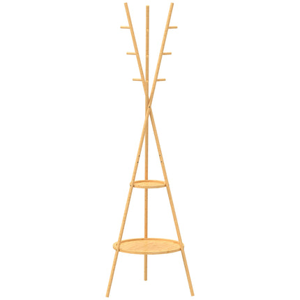 Freestanding Bamboo Coat Rack, 9 Hooks, 2 Shelves, Natural
