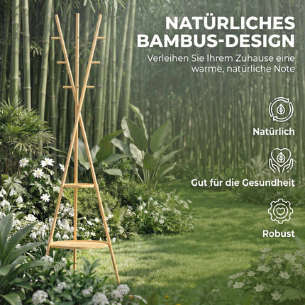 Freestanding Bamboo Coat Rack, 9 Hooks, 2 Shelves, Natural