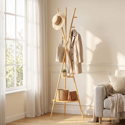 Freestanding Bamboo Coat Rack, 9 Hooks, 2 Shelves, Natural