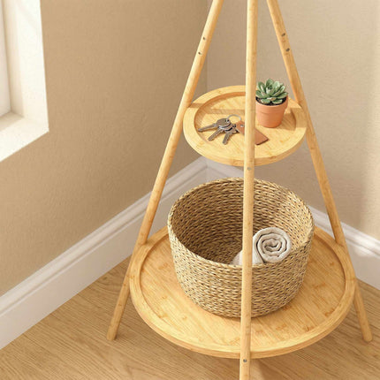 Freestanding Bamboo Coat Rack, 9 Hooks, 2 Shelves, Natural