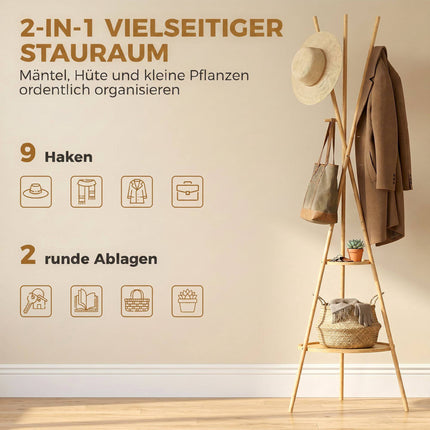 Freestanding Bamboo Coat Rack, 9 Hooks, 2 Shelves, Natural