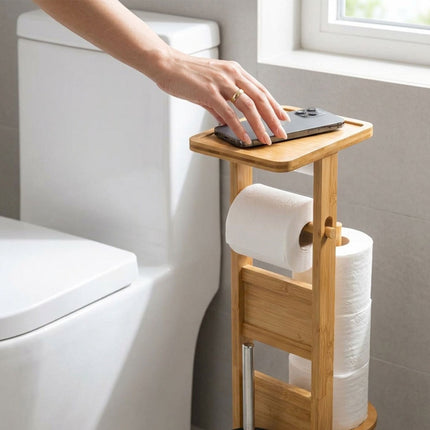 Freestanding Bamboo Toilet Roll Holder with Shelf