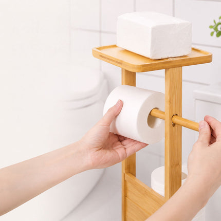 Freestanding Bamboo Toilet Roll Holder with Shelf