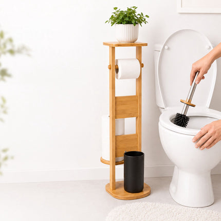 Freestanding Bamboo Toilet Roll Holder with Shelf