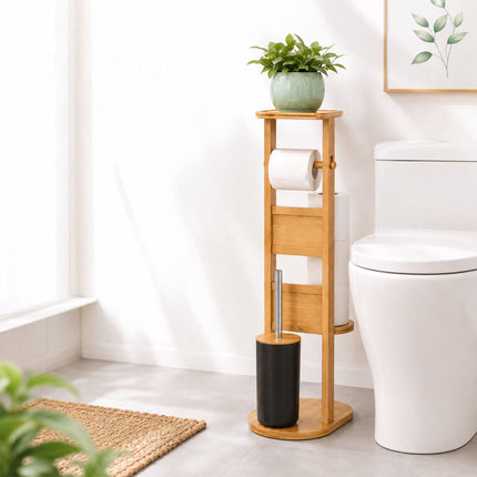 Freestanding Bamboo Toilet Roll Holder with Shelf