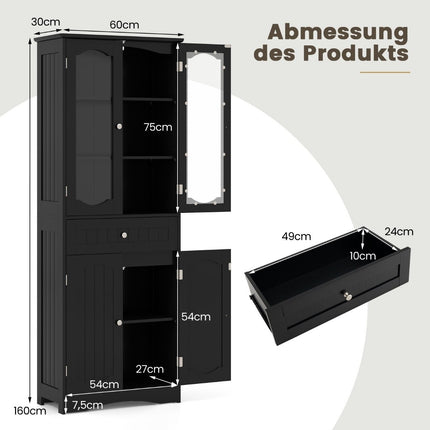 Freestanding Bathroom Cabinet, Black, 4 Doors & Drawer, 160cm