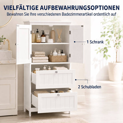 Freestanding Bathroom Cabinet, White, 2 Drawers, Adjustable Shelf