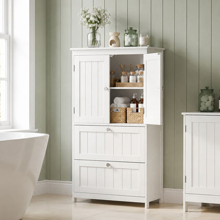 Freestanding Bathroom Cabinet, White, 2 Drawers, Adjustable Shelf