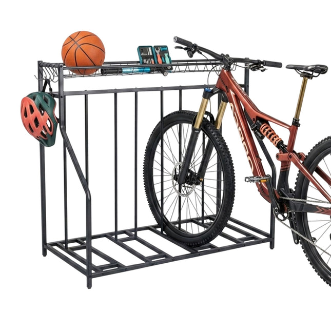 Freestanding Bike Rack – Adjustable Slots, Basket, 6 Hooks