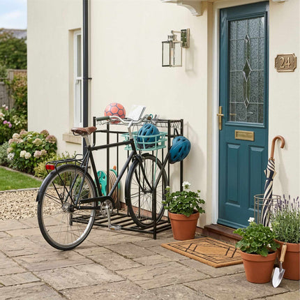 Freestanding Bike Rack – Adjustable Slots, Basket, 6 Hooks