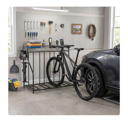 Freestanding Bike Rack – Adjustable Slots, Basket, 6 Hooks