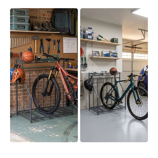 Freestanding Bike Rack, Basket And 6 Hooks, Adjustable Slots