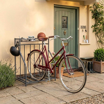 Freestanding Bike Rack, Basket And 6 Hooks, Adjustable Slots