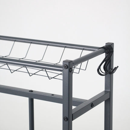 Freestanding Bike Rack, Basket And 6 Hooks, Adjustable Slots