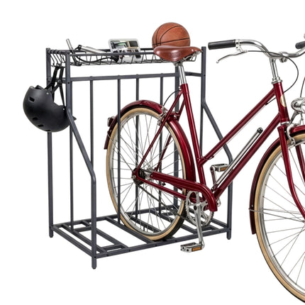 Freestanding Bike Rack, Basket And 6 Hooks, Adjustable Slots