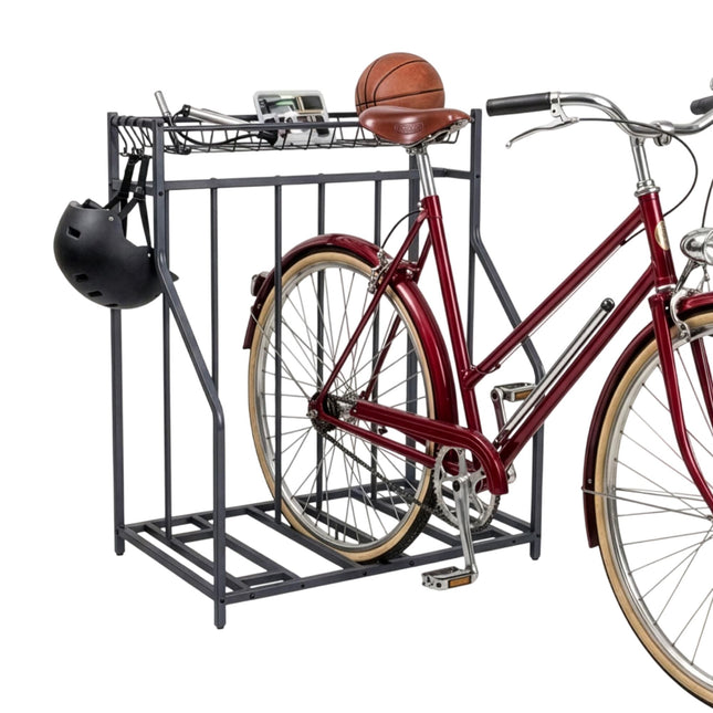 Freestanding Bike Rack, Basket And 6 Hooks, Adjustable Slots