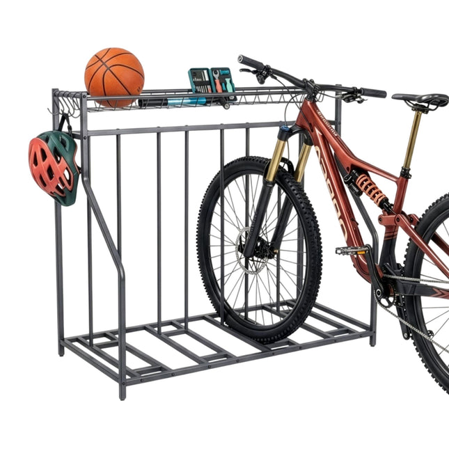 Freestanding Bike Rack With Basket, Adjustable Slots; 6 Hooks