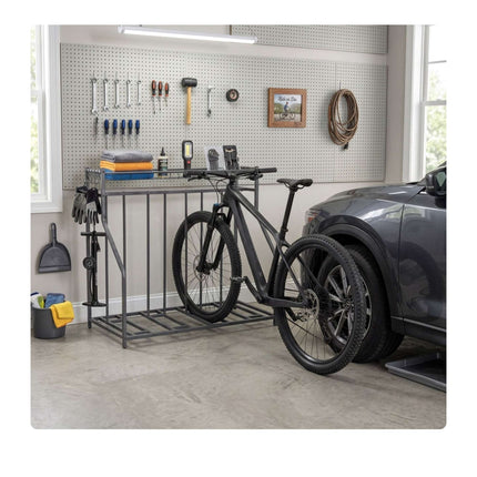 Freestanding Bike Rack With Basket, Adjustable Slots; 6 Hooks