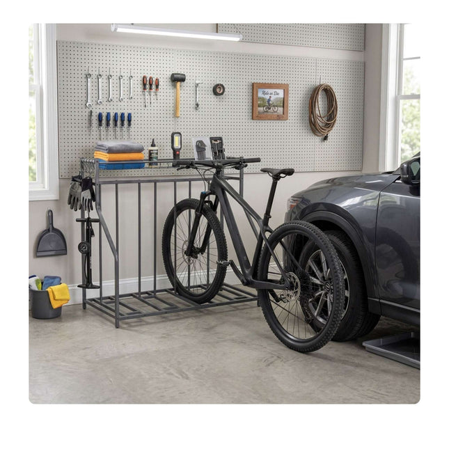 Freestanding Bike Rack With Basket, Adjustable Slots; 6 Hooks