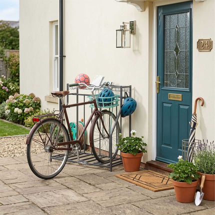 Freestanding Bike Rack With Basket, Adjustable Slots; 6 Hooks