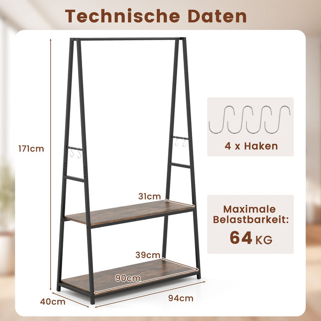 Freestanding Clothes Rack with Shelves & Sturdy Rod