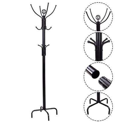 Freestanding Coat Rack, 12 Hooks, Steel Frame, 200 cm