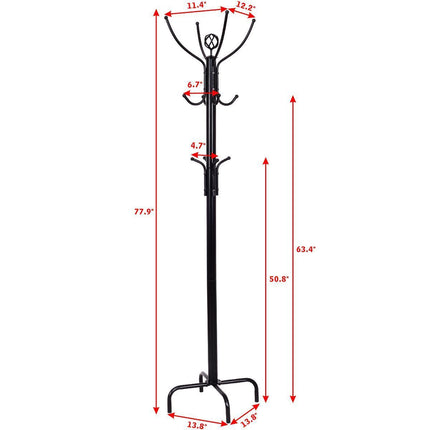Freestanding Coat Rack, 12 Hooks, Steel Frame, 200 cm
