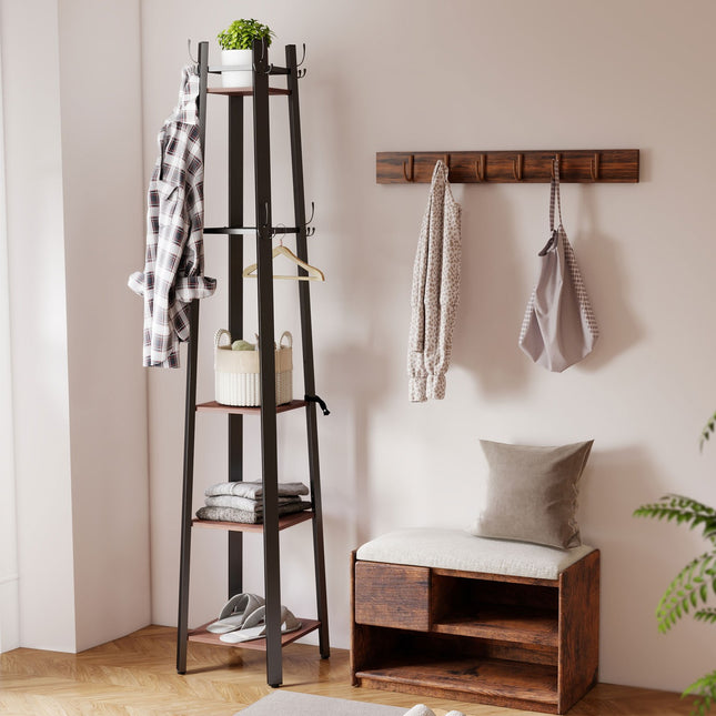 Vrijstaande kapstok, 4 planken, 8 haken, industriële stijl