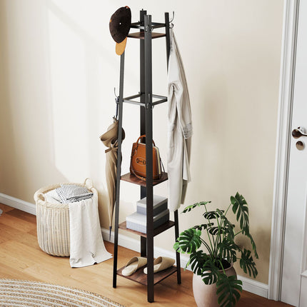 Freestanding Coat Rack, 4 Shelves, 8 Hooks, Industrial Style