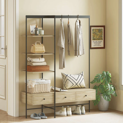 Freestanding Coat Rack with Drawers, Shelves, Hanging Rail