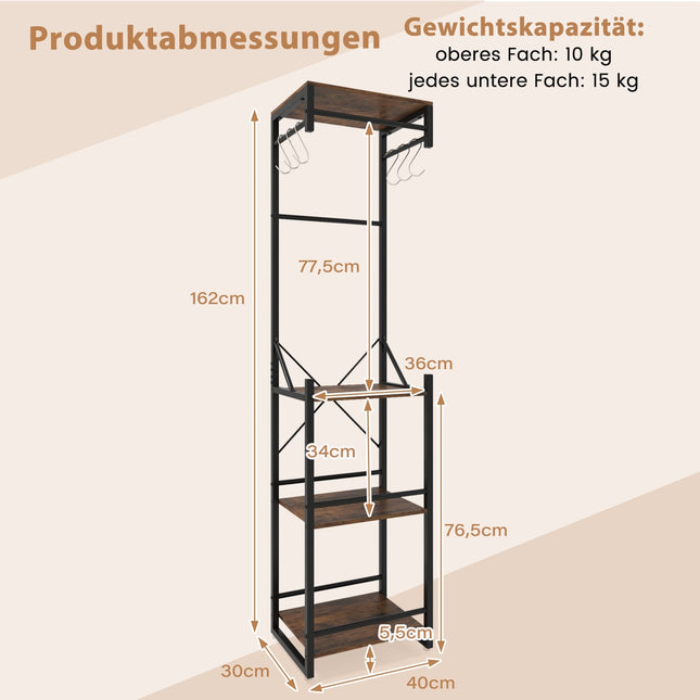 Vrijstaande kapstok met planken en haken, bruin