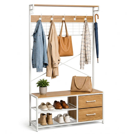 Freestanding Coat Rack with Shoe Shelves and Drawers